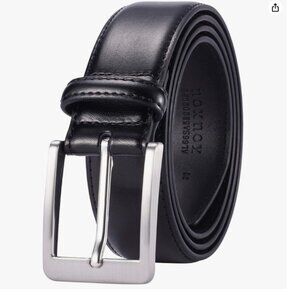 Men's Black Leather Belt w/ Silver Tone Prong Buckle